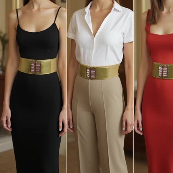 New Women Gold Elastic Wide Fashion Belt Bling Metal Square Buckle S M z089 - Picture 8 of 17